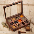 Wooden Masala Dabba Spice Box - 12 Compartments & Glass Lid