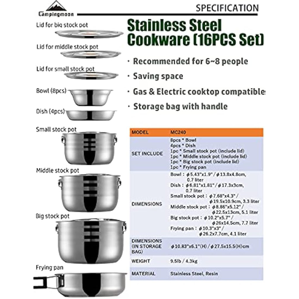 CAMPINGMOON Stainless Steel 15-Piece Nesting Camping Cookware Set