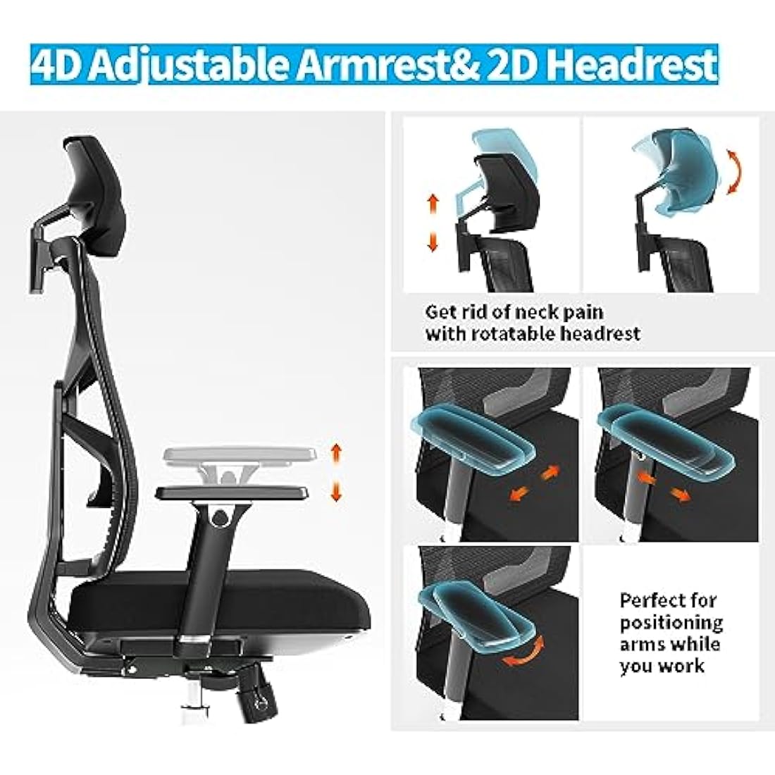 HOLLUDLE Ergonomic Office Chair – High Back Mesh Desk Chair with 4D Armrests