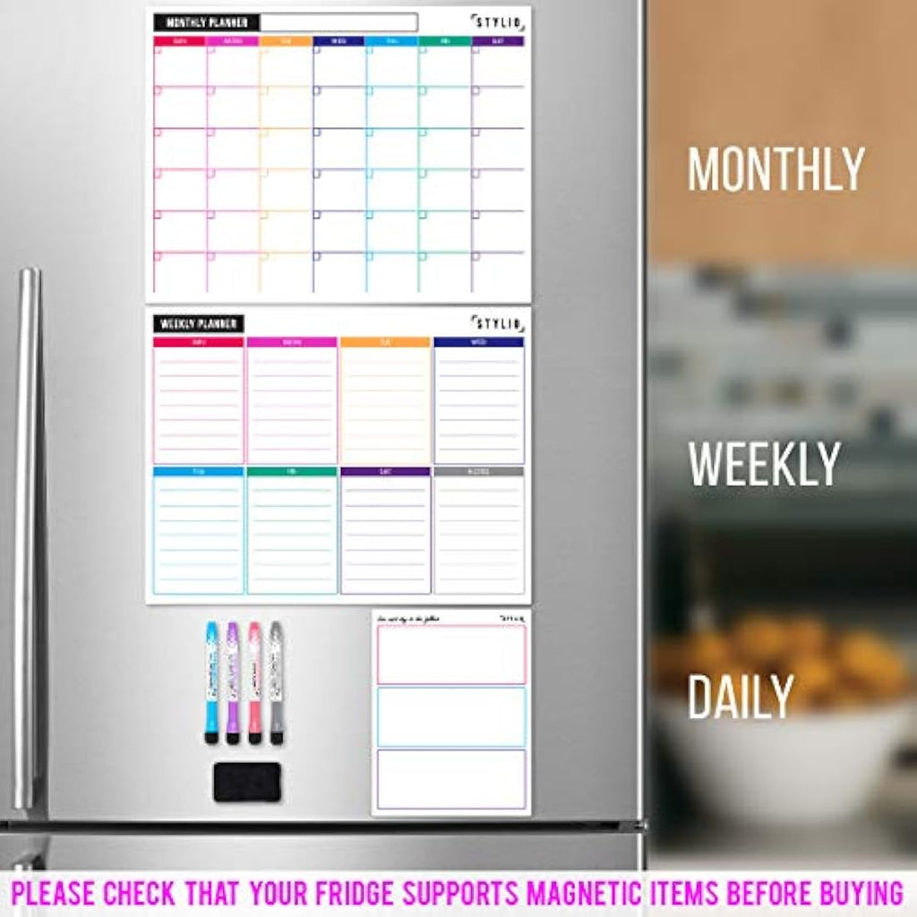 Magnetic Fridge Planner Set - 3 Piece Whiteboard Calendar