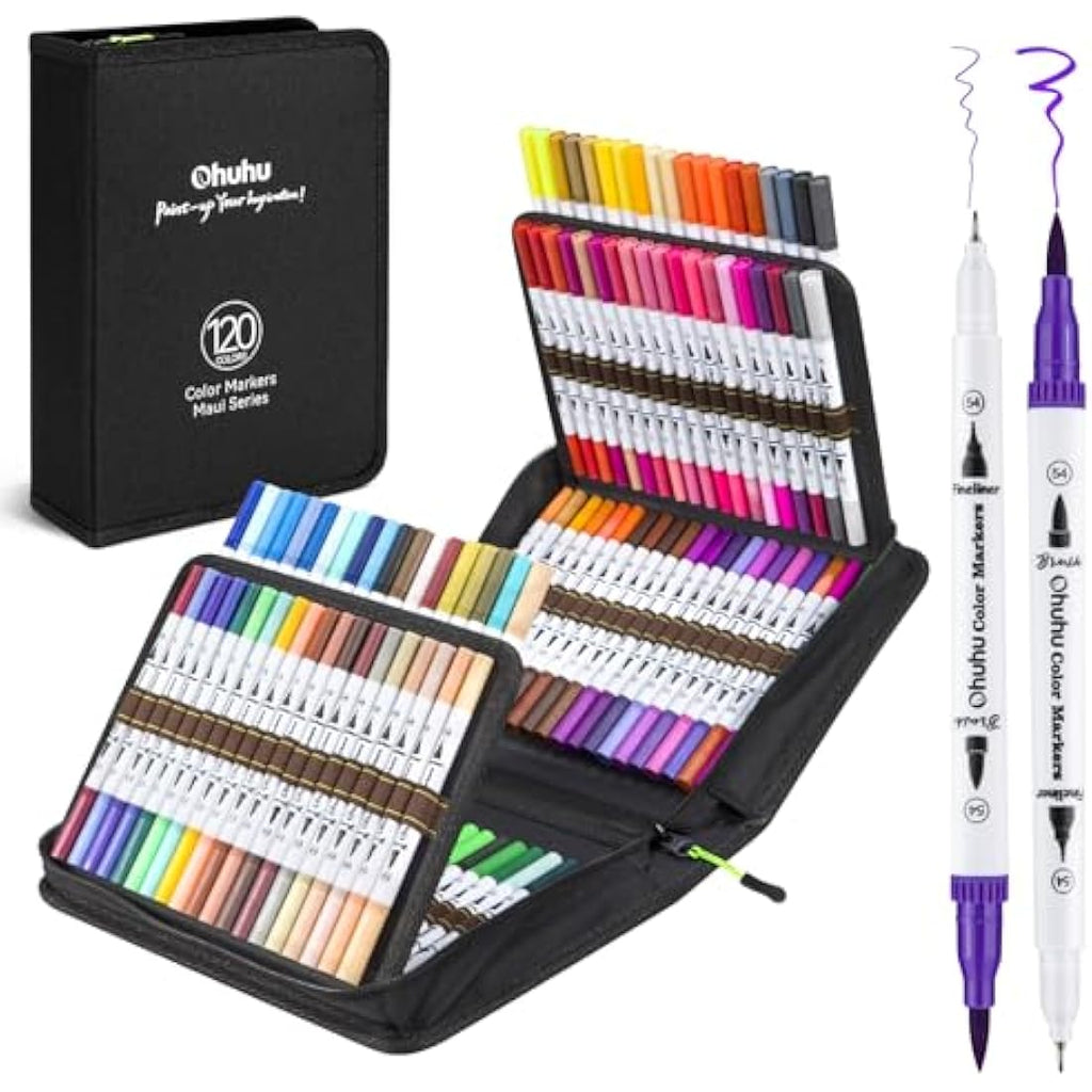 Ohuhu 120 Colours Dual Tip Brush Pens | Art Markers with Carrying Bag