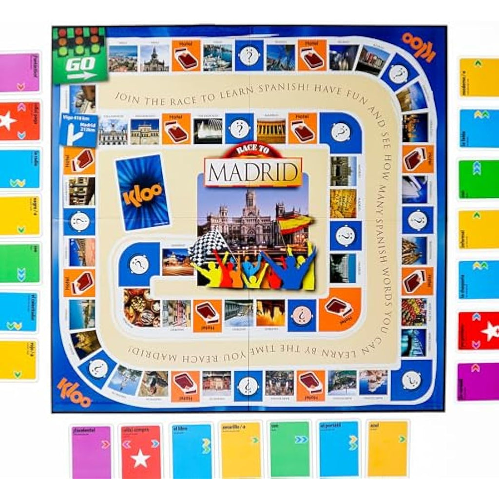 KLOO Spanish Board Game – Race to Madrid Language Learning Flash Cards