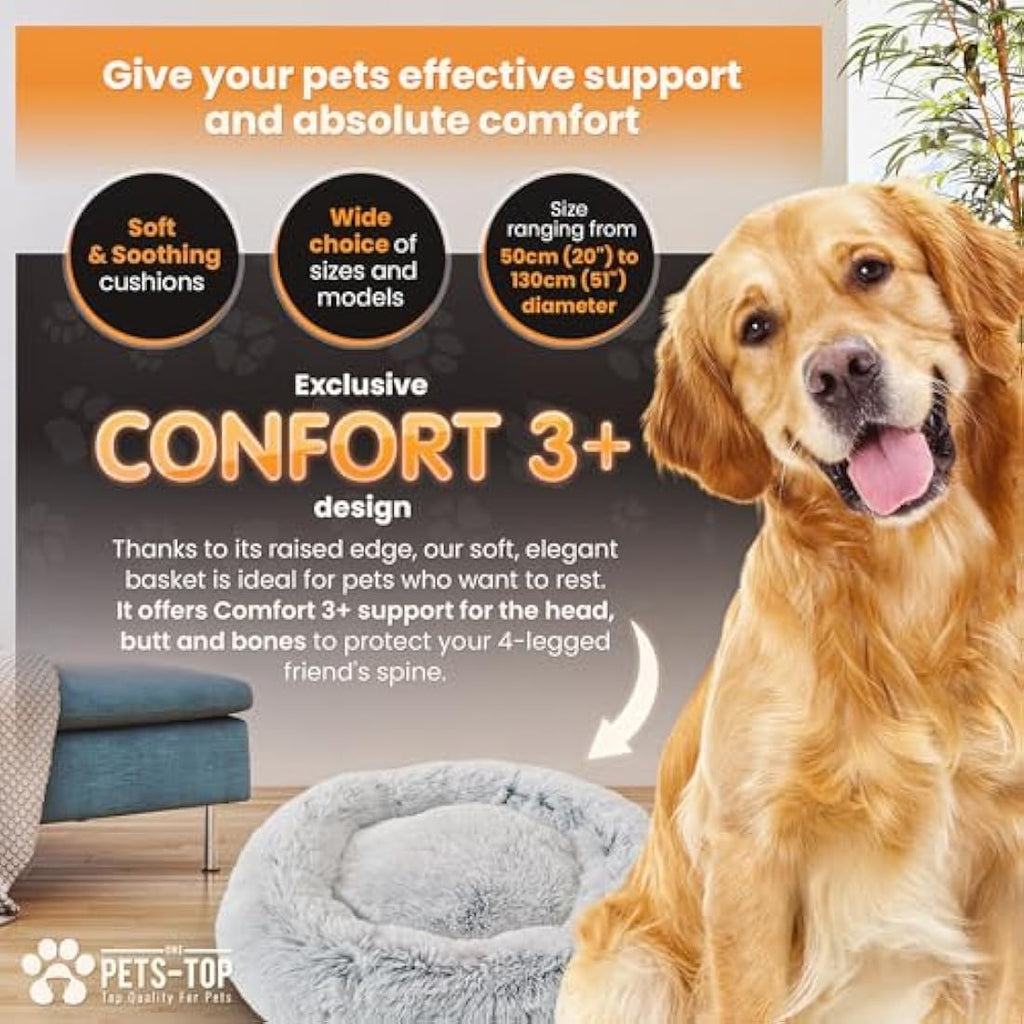 One PETS-TOP Calming Dog Bed – Washable Plush Dodo Donut, Pearl Grey 80cm