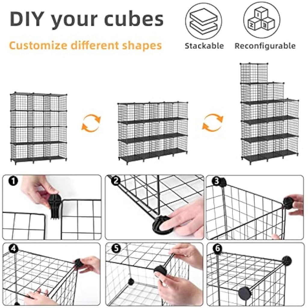 AWTATOS 12-Cube Wire Storage Shelves | DIY Modular Bookcase Unit, Black