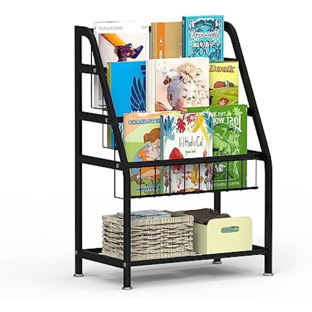 Huhote Kids Bookshelf – Metal Book and Toy Storage Organizer, Black