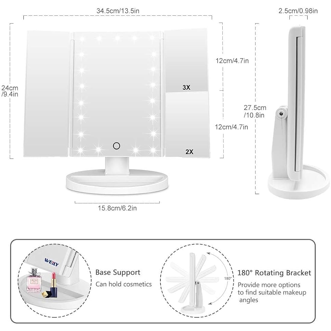 WEILY Tri-fold LED Makeup Mirror | 2X/3X Magnification Vanity Mirror - White