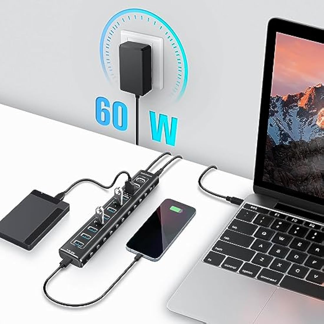 RSHTECH 11-Port Powered USB C Hub | 60W Aluminum 10Gbps Data Splitter