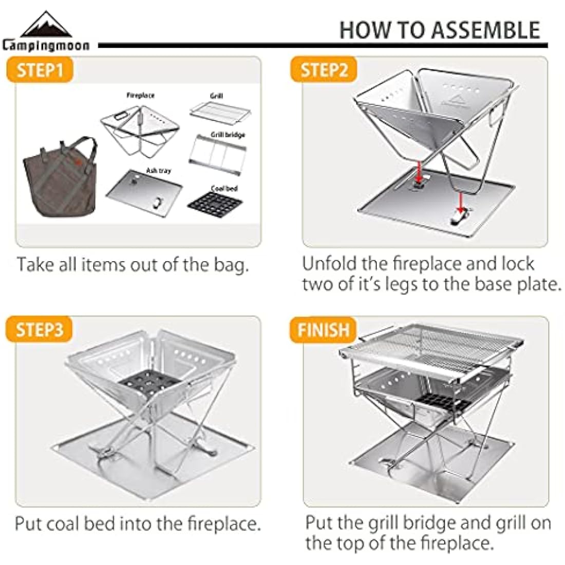 Campingmoon 3-in-1 Portable Stainless Steel Wood Burning Grill & Fire Pit