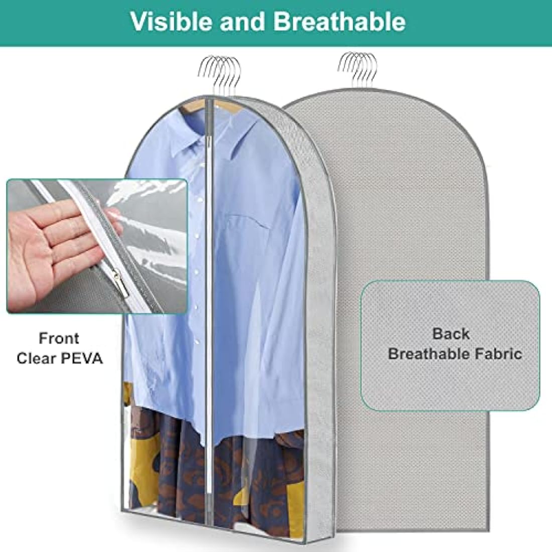 Garment Bags – 2 Pack Breathable Suit Covers, Grey