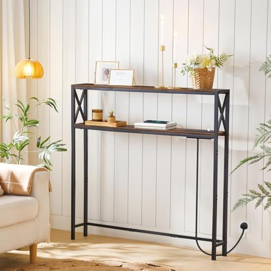MAHANCRIS Narrow Console Table with Charging Station | Rustic Brown