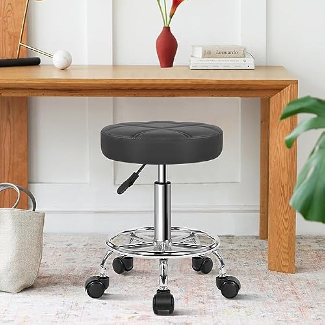 Jolof Store PU Leather Rolling Swivel Stool – Adjustable Height, Black