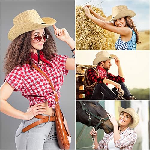 Jolof Store Straw Cowboy Hats and Bandanas Set - 12 Pack Beige Western Style