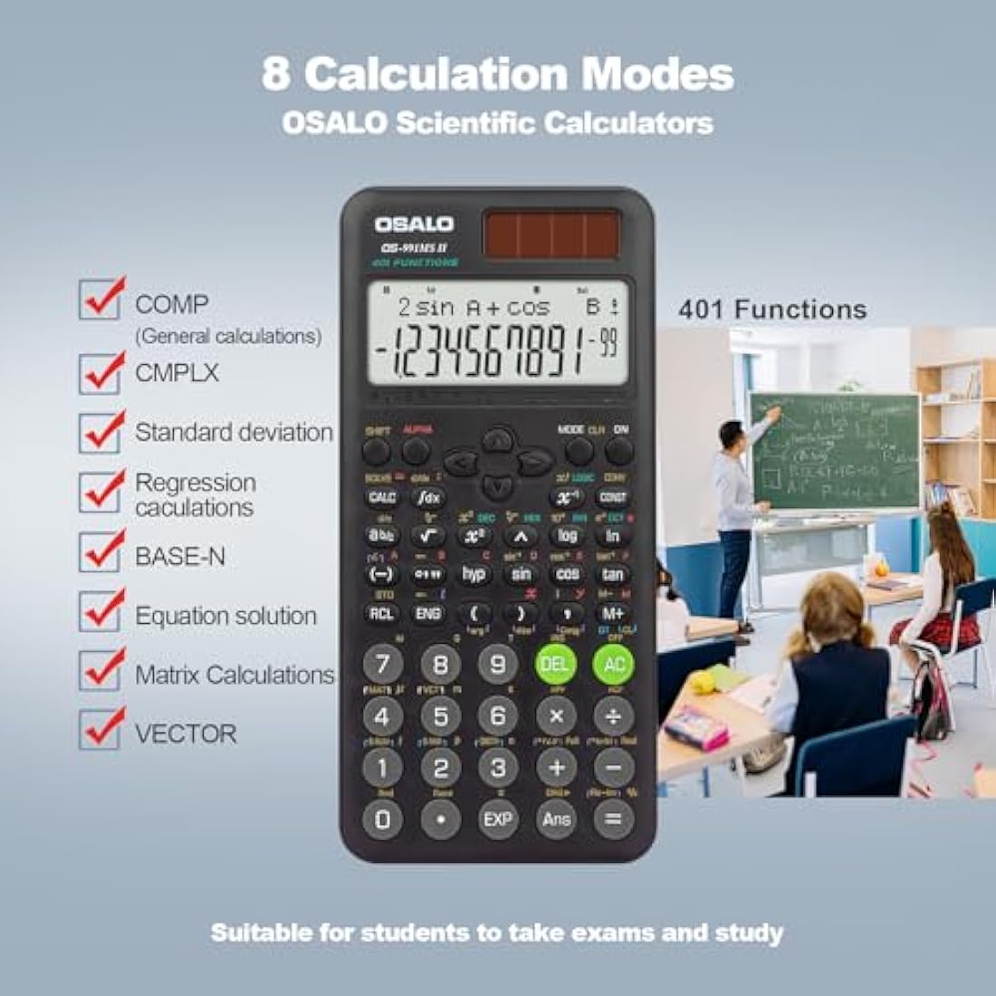 OSALO Scientific Calculator | 401 Functions Dual Power Solar & Battery