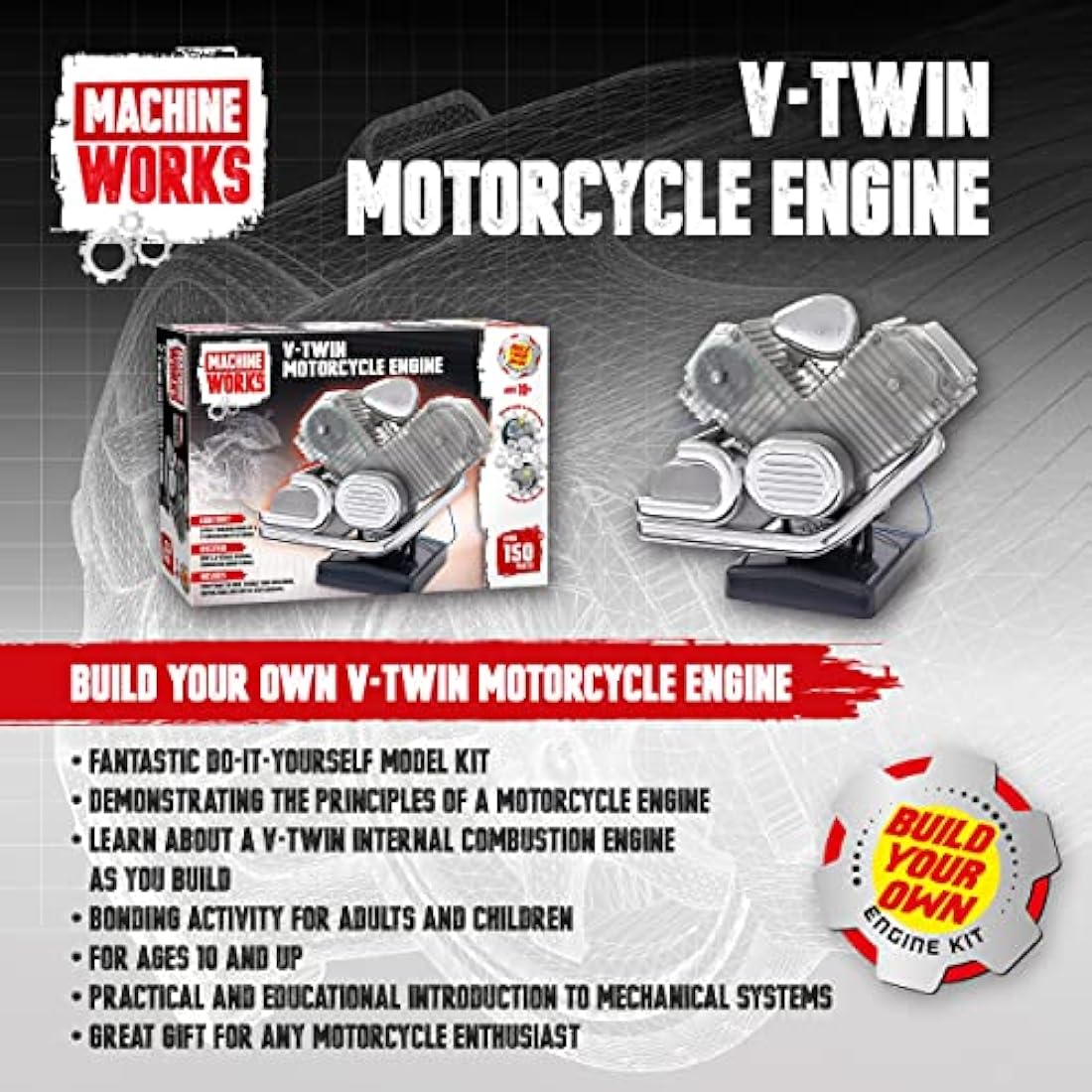 Machine Works V-Twin Motorcycle Engine Model Kit – 150+ Piece STEM Toy