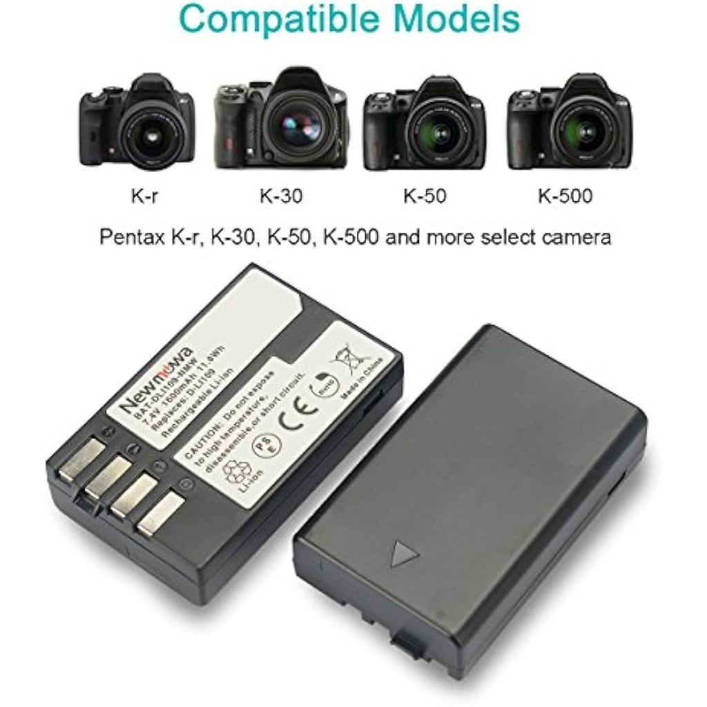 Newmowa D-Li109 Battery (2-Pack) and Dual USB Charger for Pentax K-30 K-50