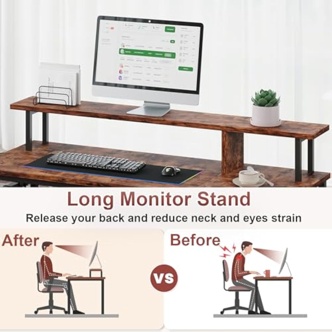 Dripex Computer Desk with Dual Monitor Stand & Shelves - Rustic Brown