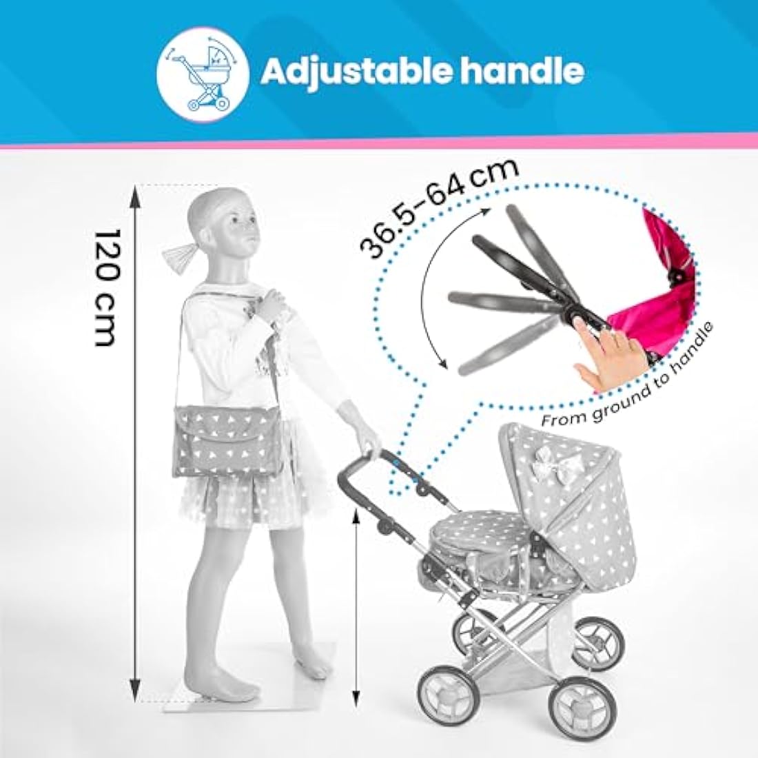 Kinderplay 3-in-1 Doll Pram – Toy Stroller with Adjustable Handle, KP0200S