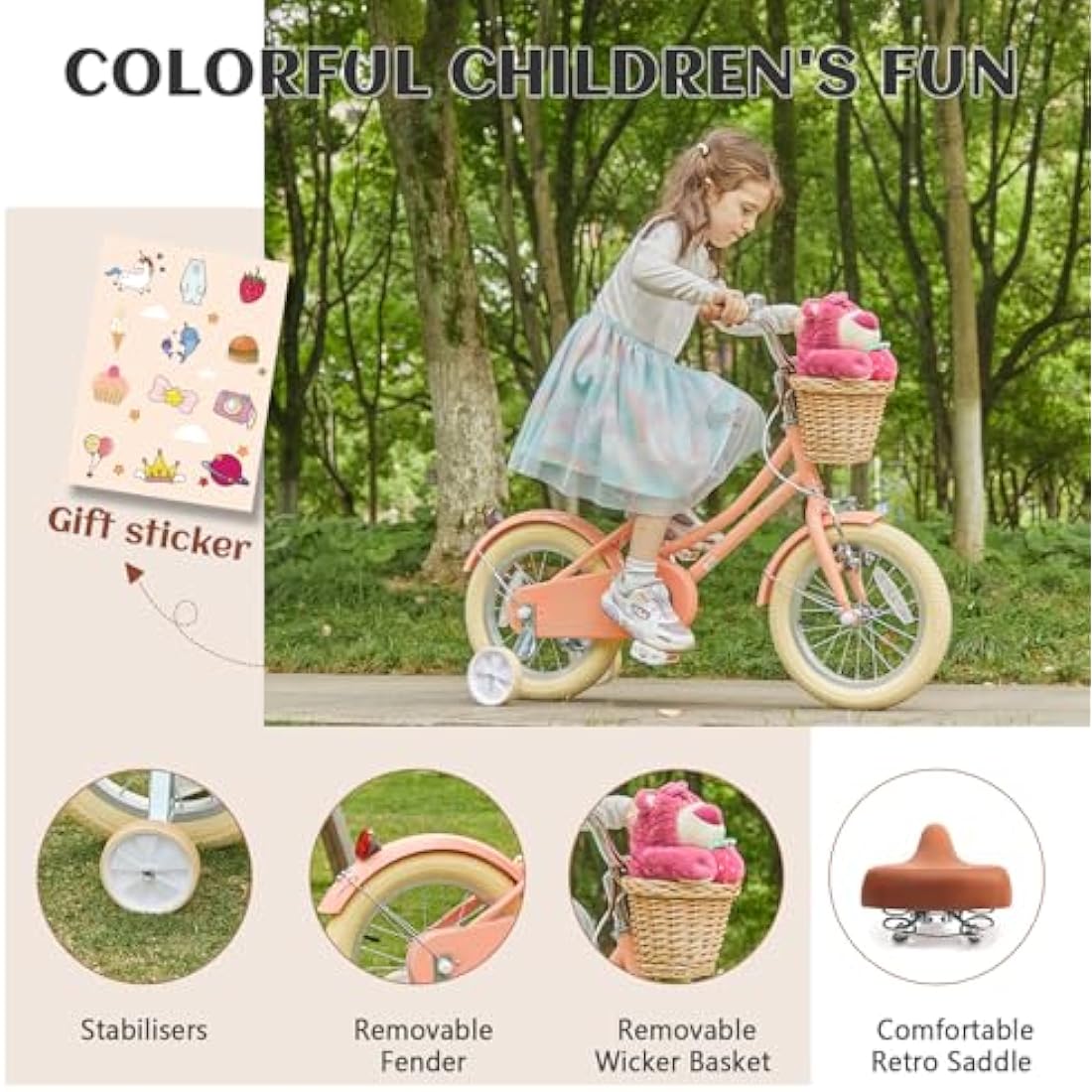 Glerc Little Molly 12 Inch Kids Retro Girls Bike with Wicker Basket
