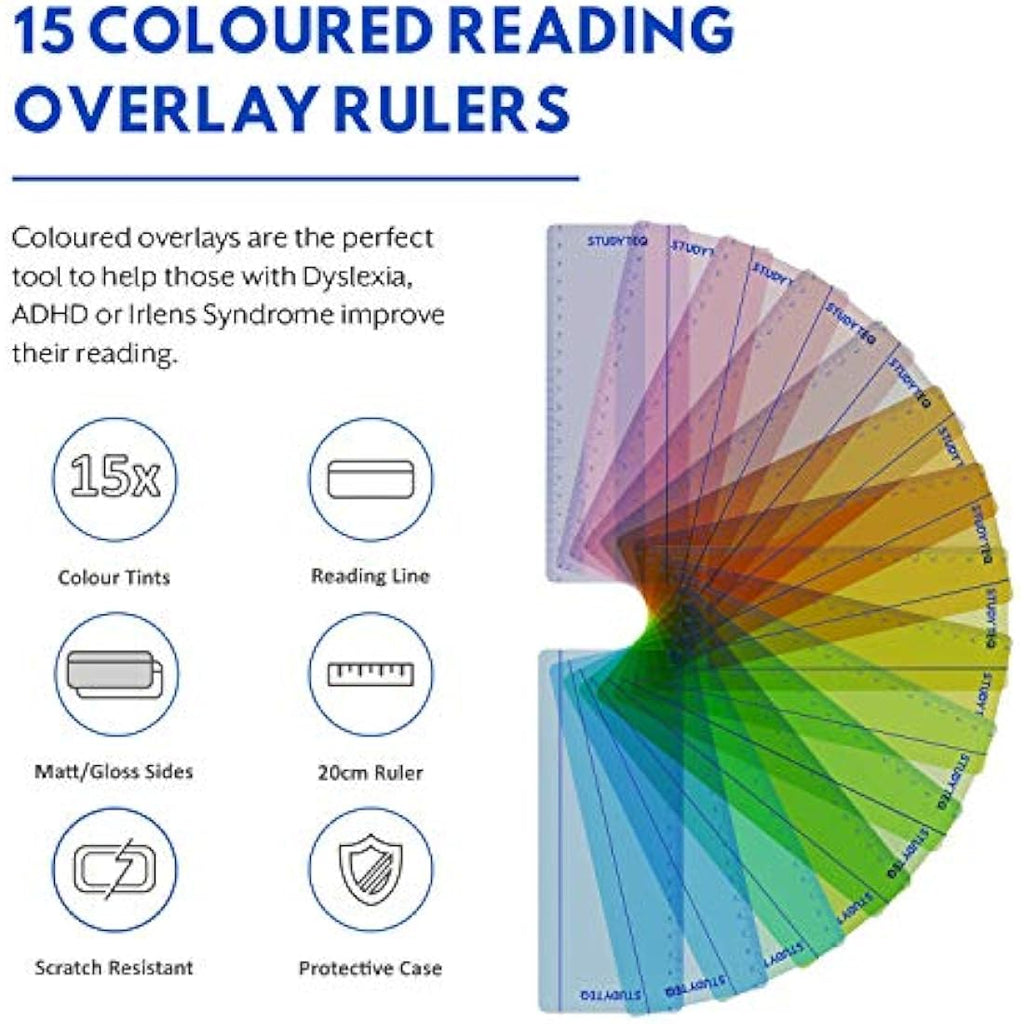 Studyteq 15-Pack Dyslexia Reading Overlays & Rulers with Case