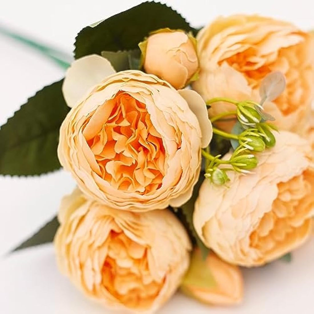 Jolof Store Silk Peony and Tea Rose Artificial Bouquet - Yellow, 9 Heads