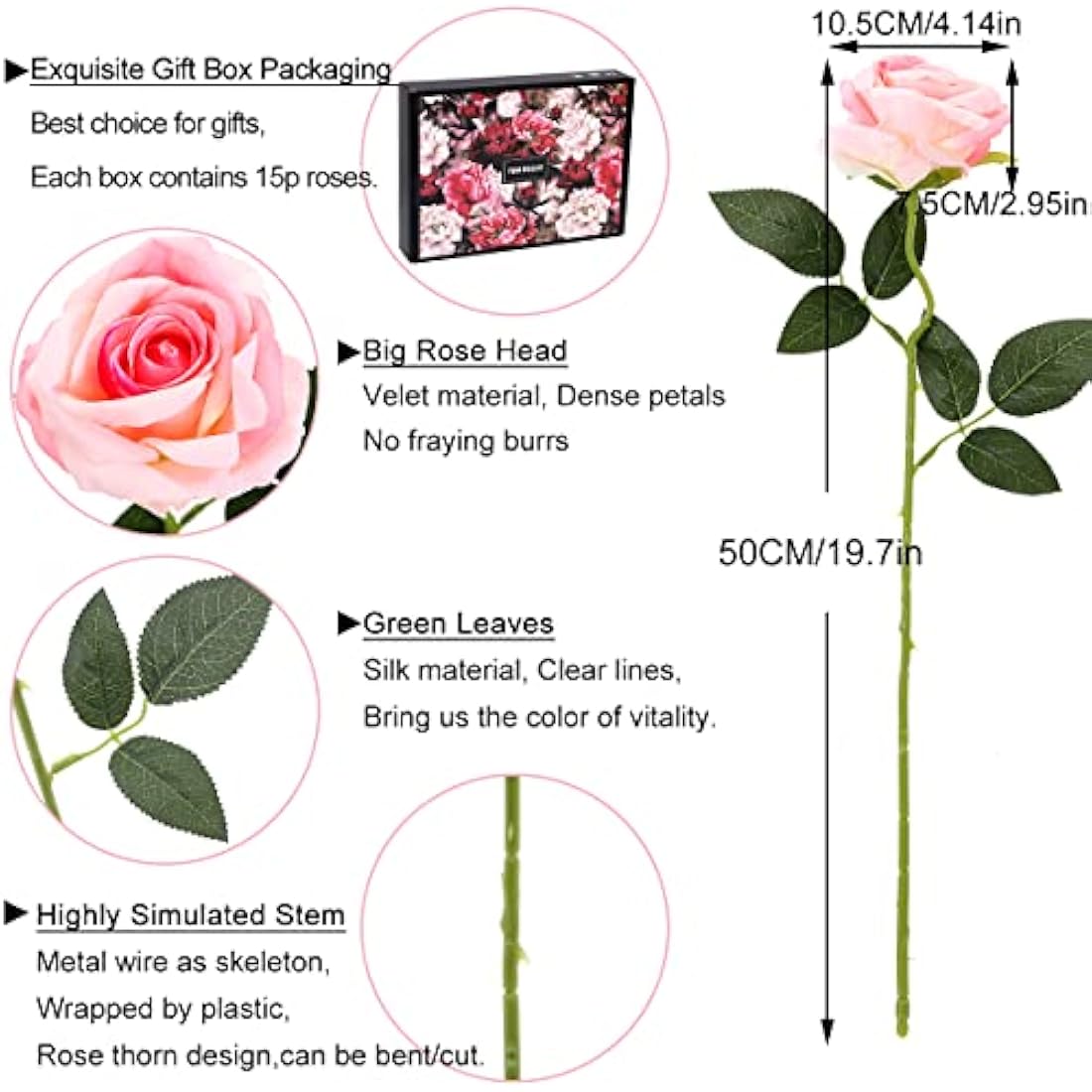 Cloudecor 15Pcs Pink Velvet Artificial Roses – 19.7" Long Stem Silk Flowers