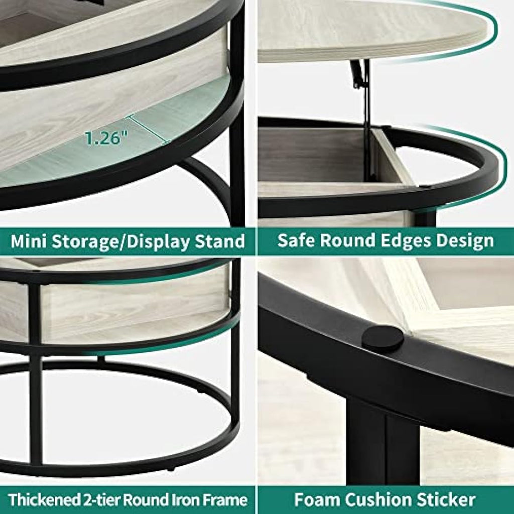 YITAHOME Round Lift Top Coffee Table with Hidden Storage - White Oak