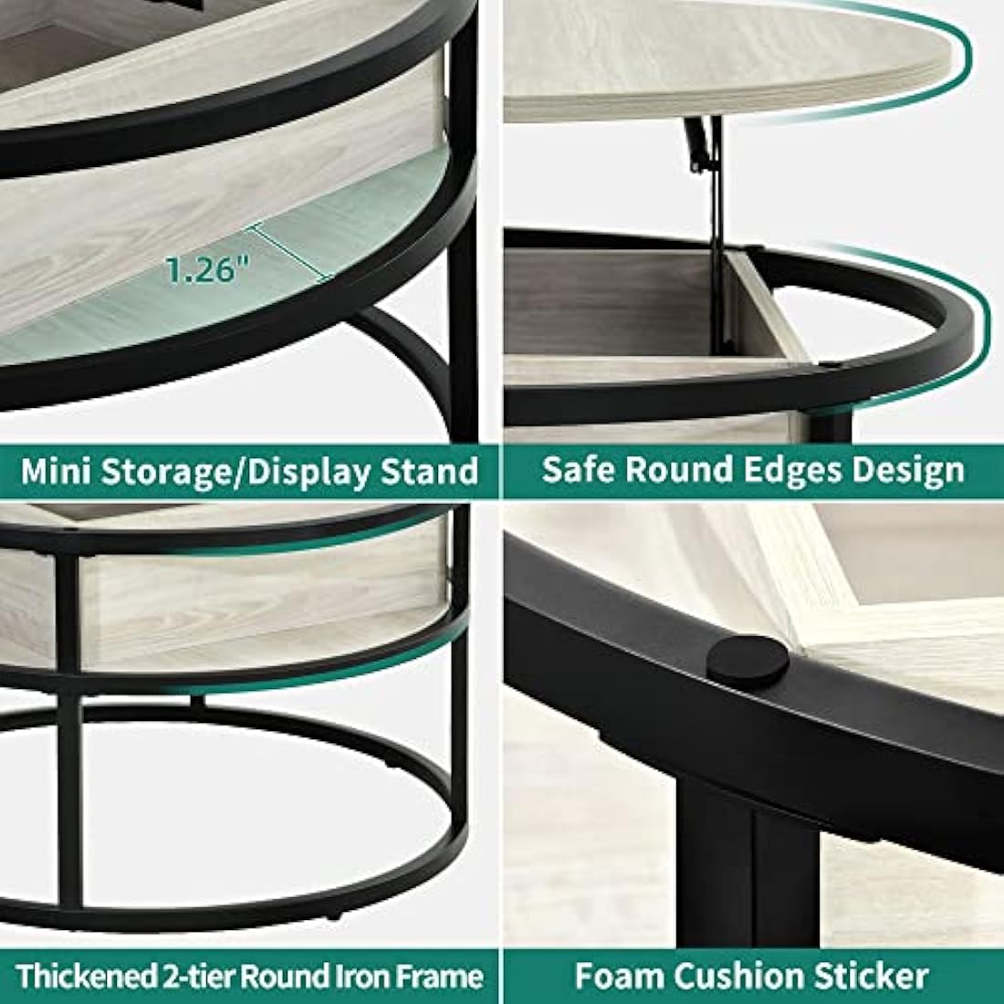 YITAHOME Round Lift Top Coffee Table with Hidden Storage - White Oak