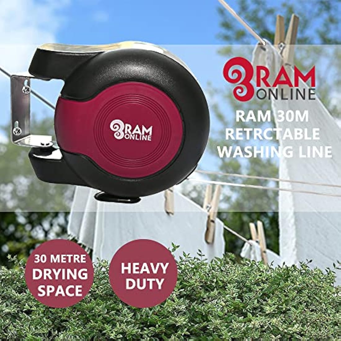 Ram Retractable Clothes Line – 30m Twin Cable Wall Mounted Dryer, Burgundy