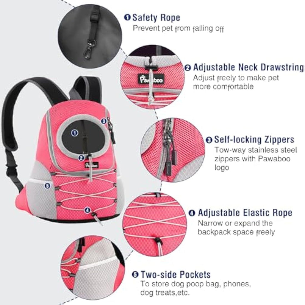 Pawaboo Pet Dog Carrier Backpack | Breathable Front Travel Bag - Pink, M