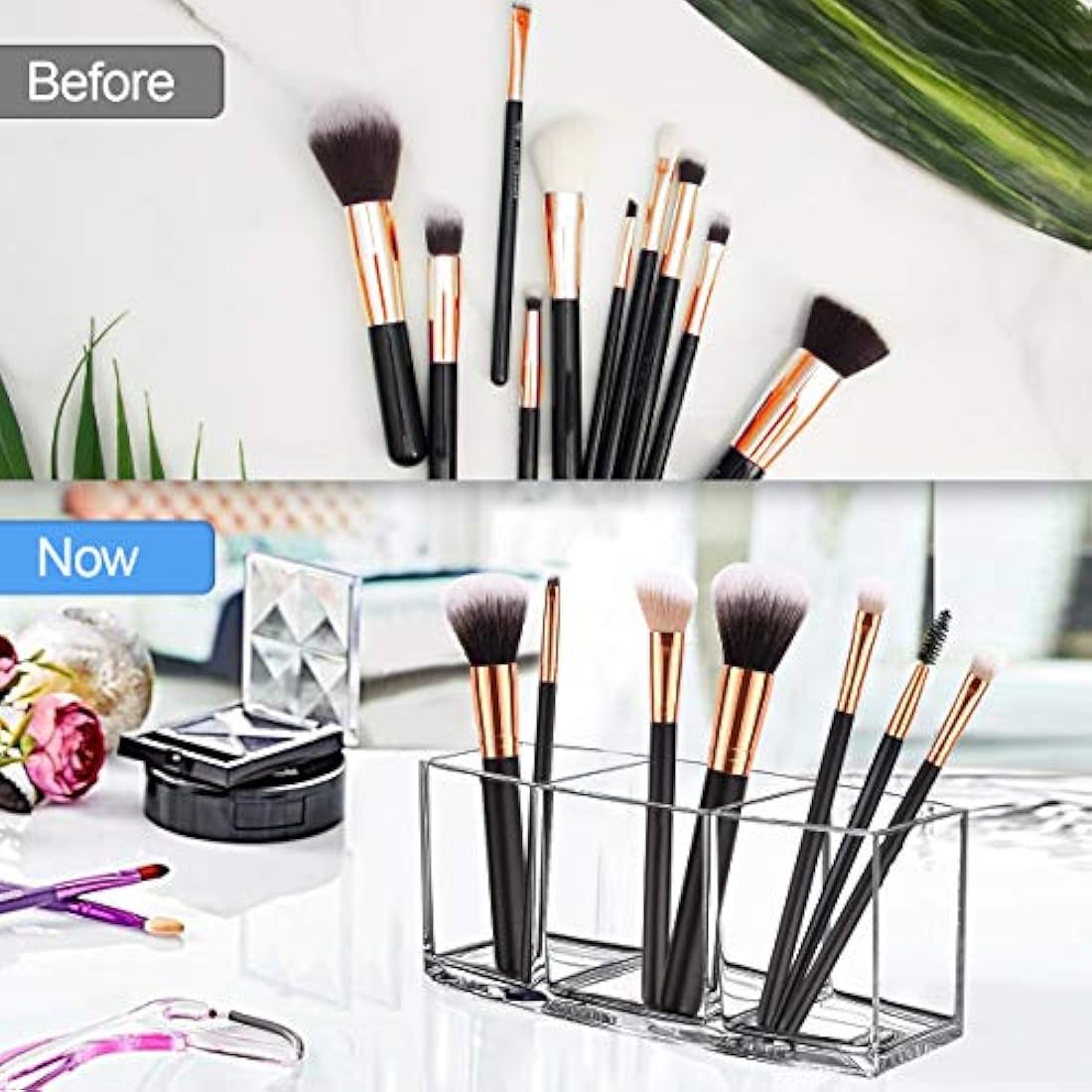 3-Slot Acrylic Makeup Brush Holder & Cosmetic Organizer