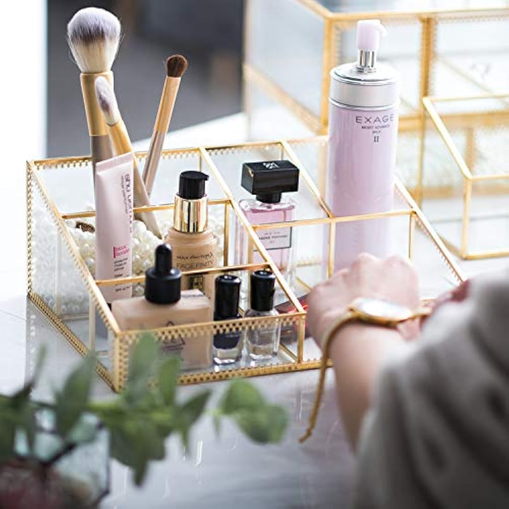 Jolof Store Glass Makeup Organizer – Gold Antique Cosmetic Storage Box