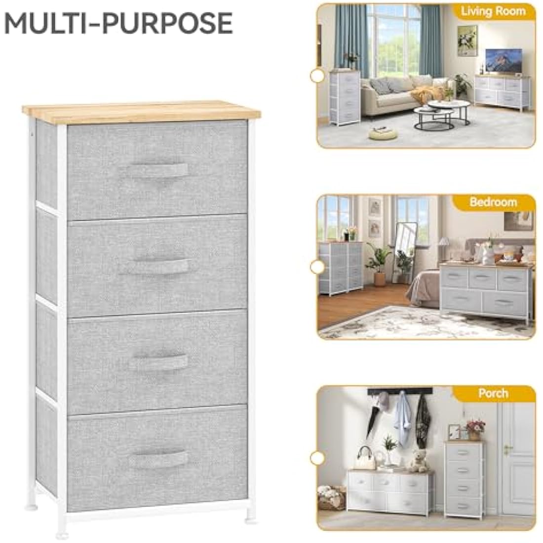 DWVO 4 Fabric Drawer Chest – Steel Frame Bedroom Dresser, Light Grey