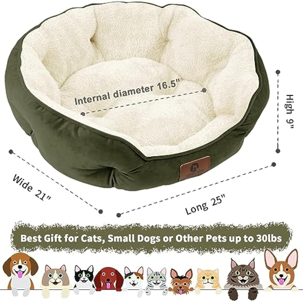 Round Dog Bed – Washable Non-Slip Pet Bed for Cats, Green, 25"