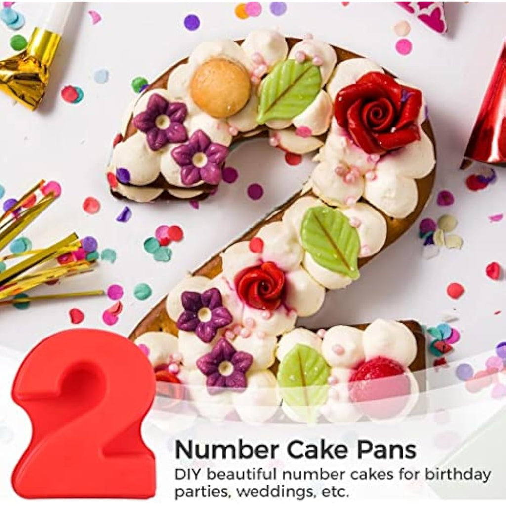 SWEWARM 10 Inch Number Cake Pans - 9 PCS Large Silicone 3D Molds, Red