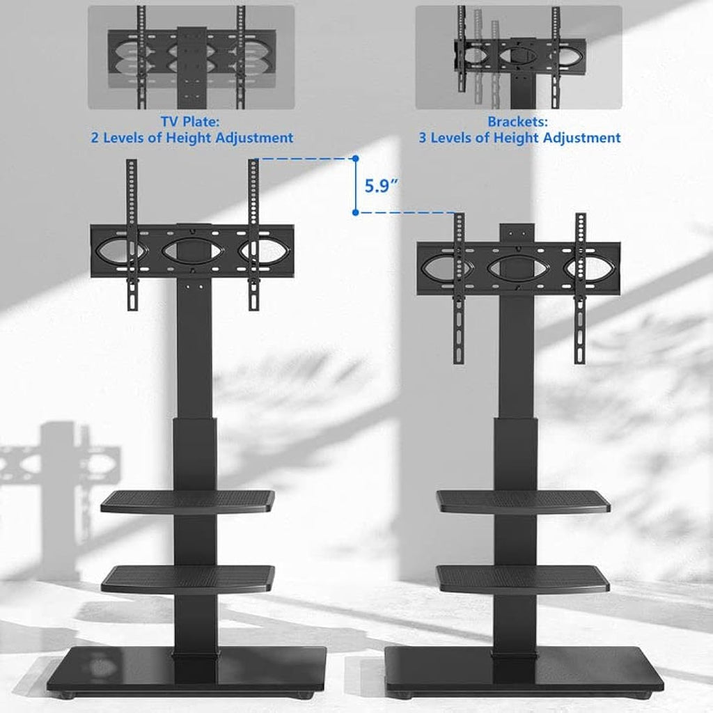 RFIVER Swivel Floor TV Stand | Height Adjustable 3-Tier Shelves for 32-70"