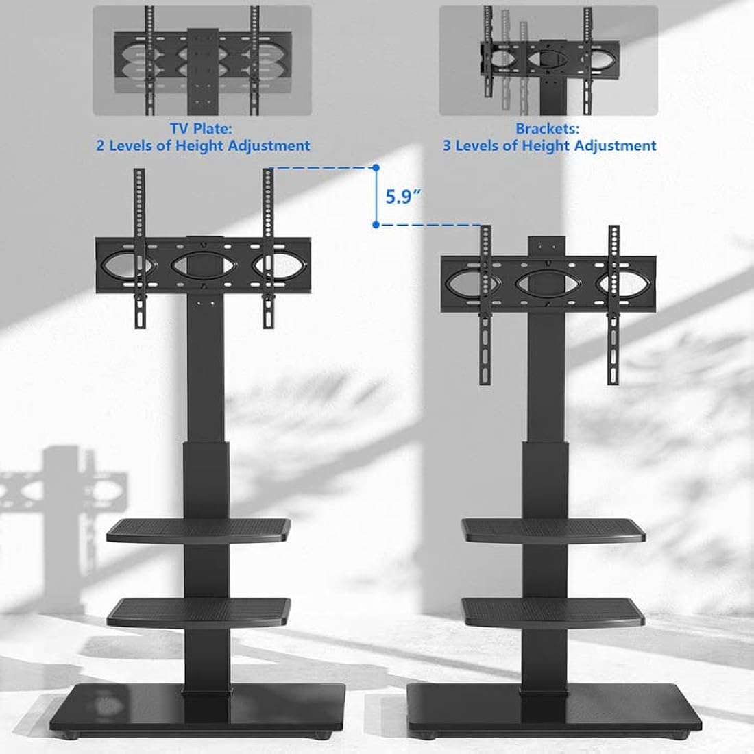 RFIVER Swivel Floor TV Stand | Height Adjustable 3-Tier Shelves for 32-70"