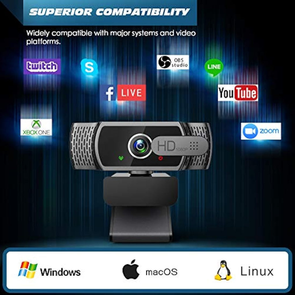 1080P FHD Webcam with Privacy Cover and Noise-Canceling Mic