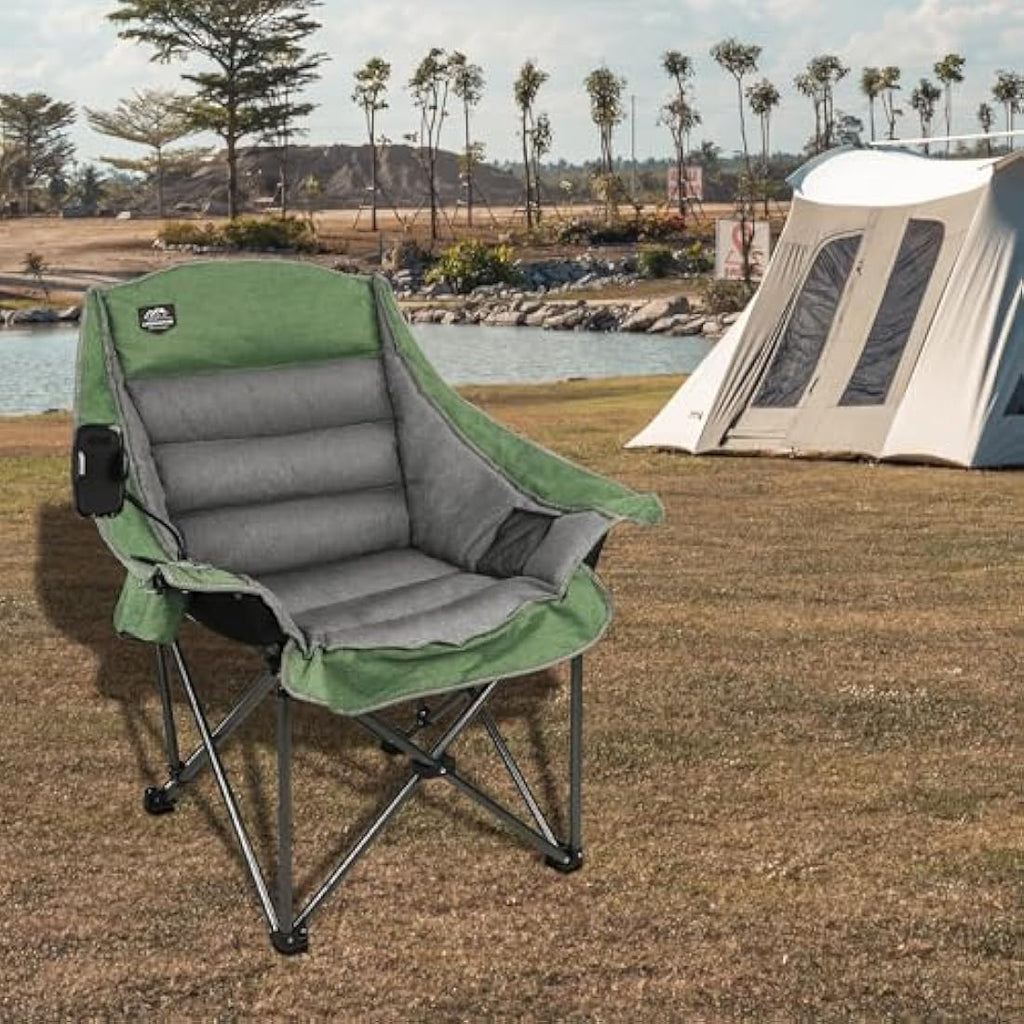 LANMOUNTAIN Oversized Folding Camping Chair - Heavy Duty 400lbs Padded Green
