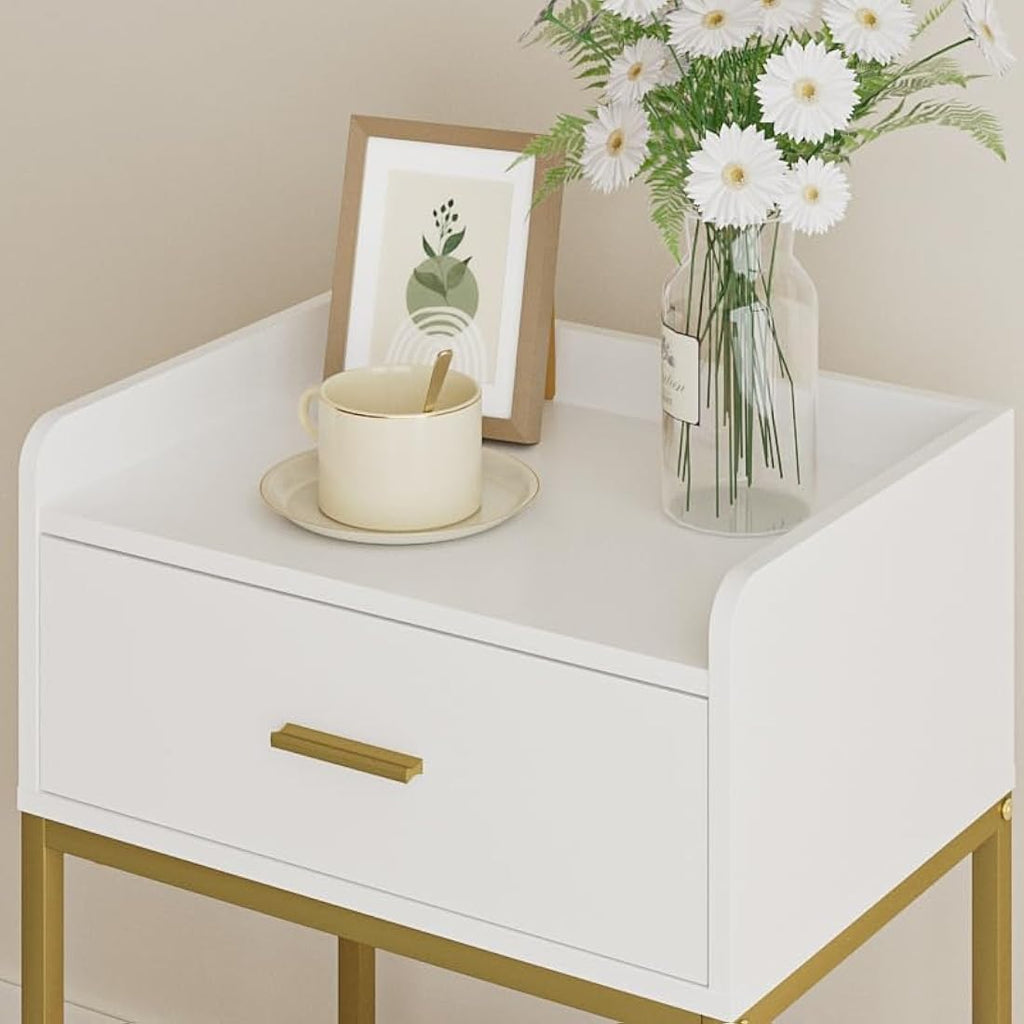 Modern Nightstand | 3-Tier White Bedside Table with Gold Legs