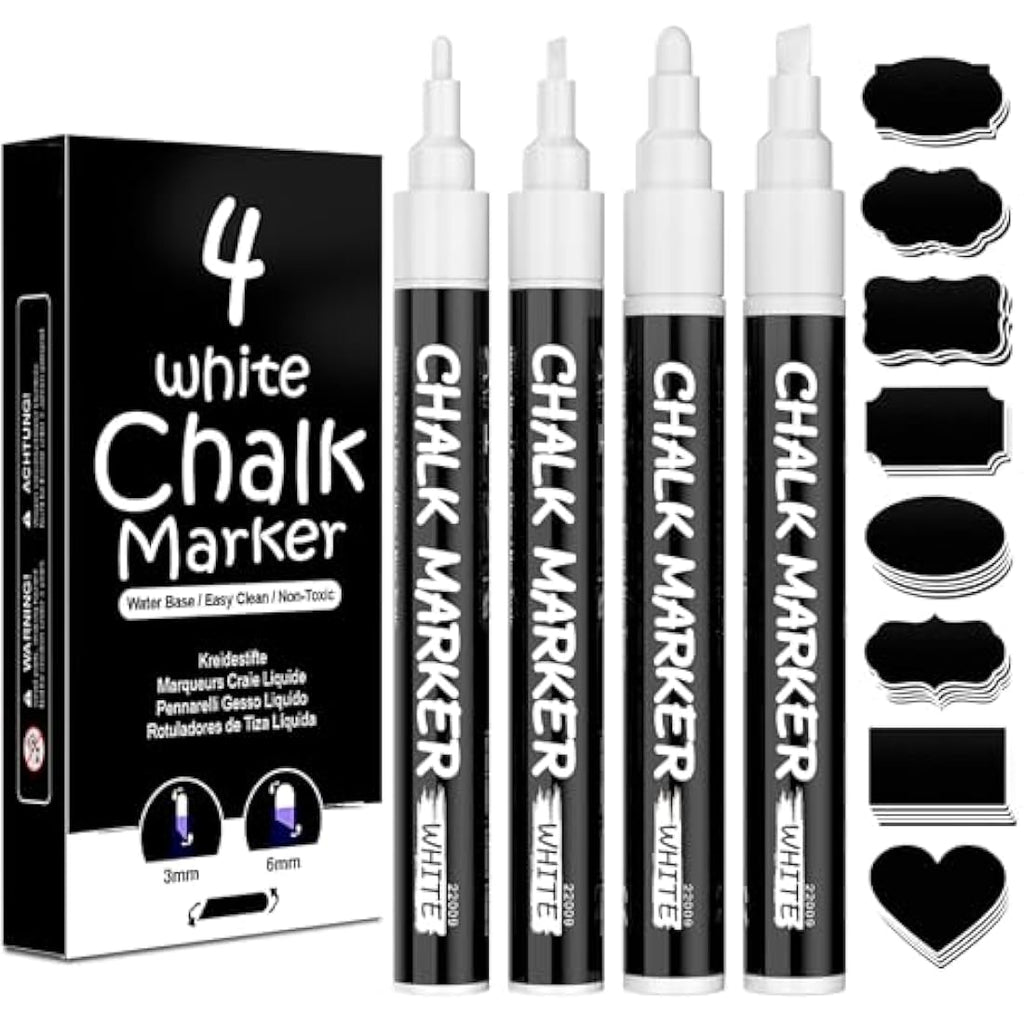 AOSUCO White Liquid Chalk Markers - 4 Pack with Reversible Tips & 45 Labels