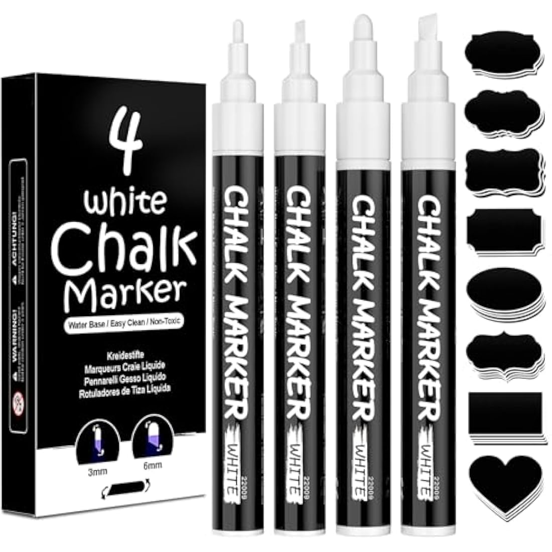 AOSUCO White Liquid Chalk Markers - 4 Pack with Reversible Tips & 45 Labels