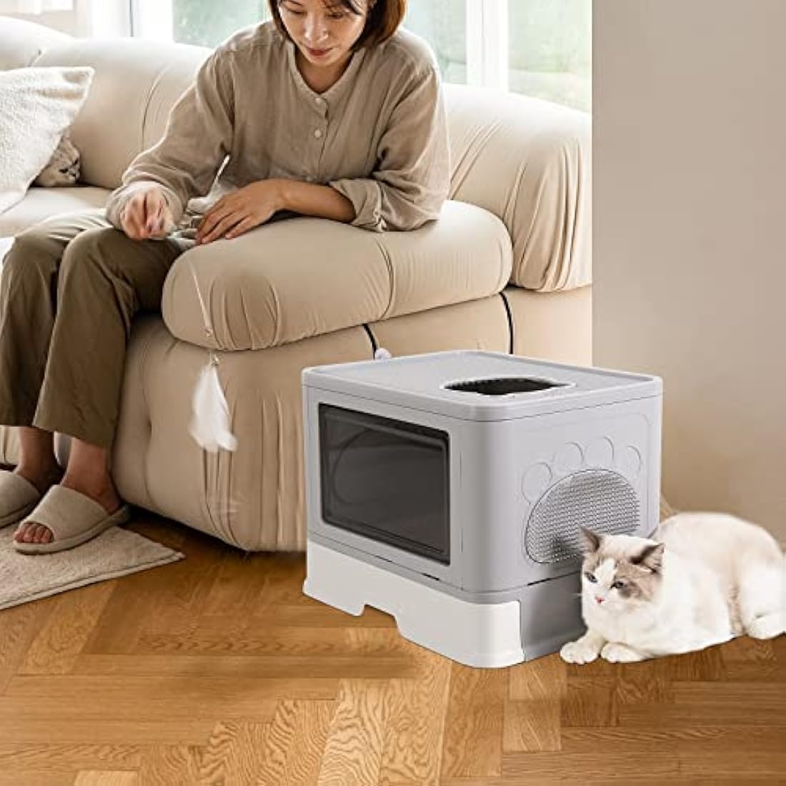 BingoPaw Foldable Large Cat Litter Box – Top Entry Enclosed Tray with Scoop