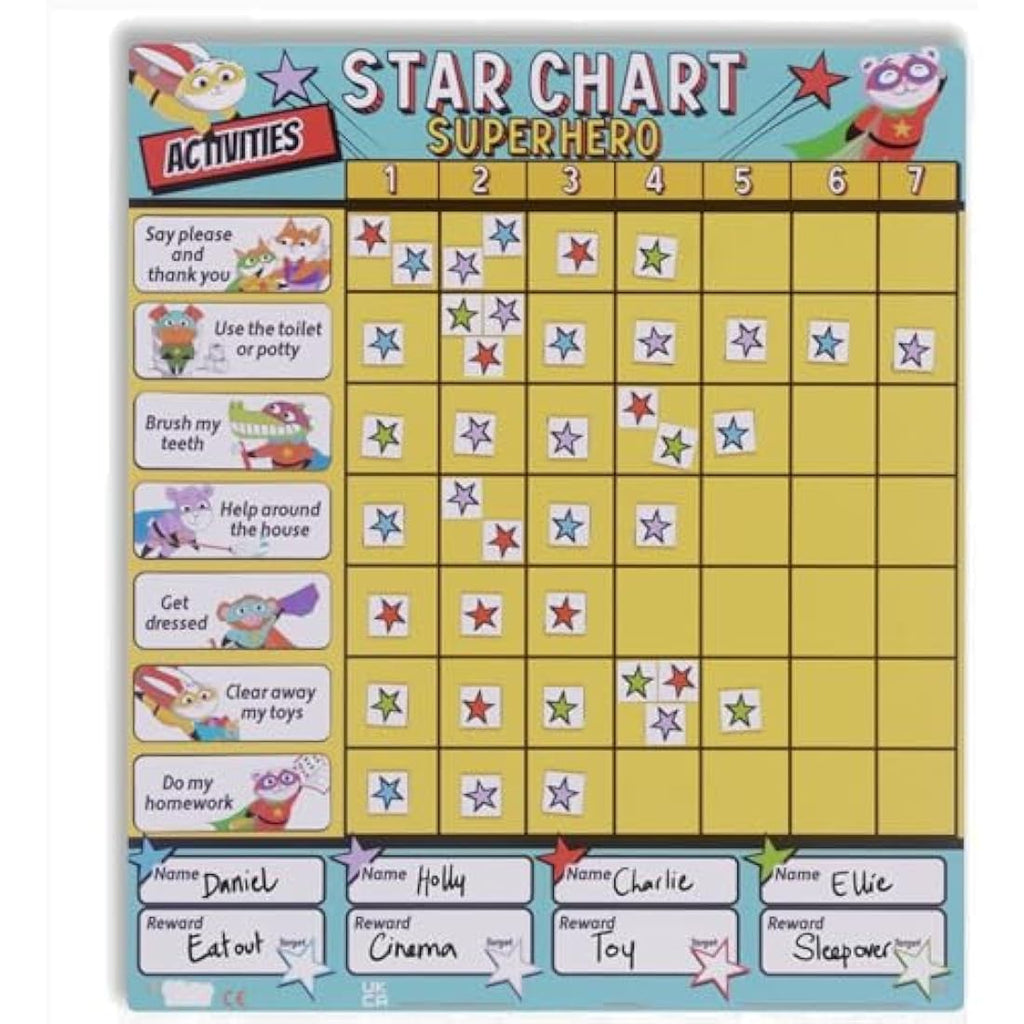 Fiesta Crafts Superhero Magnetic Reward Chart – 4 Child Chore Board