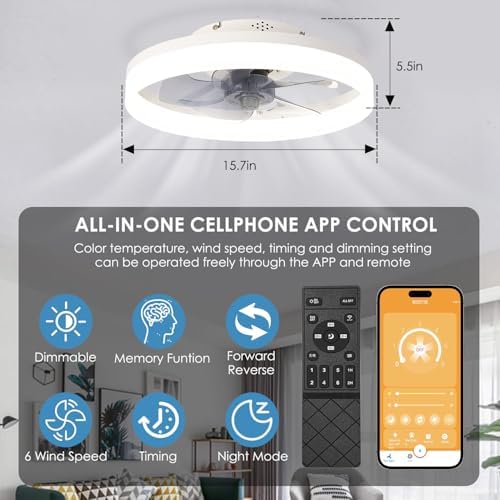 MOSSCO 40CM Flush Mount Ceiling Fan with Light - Dimmable LED White