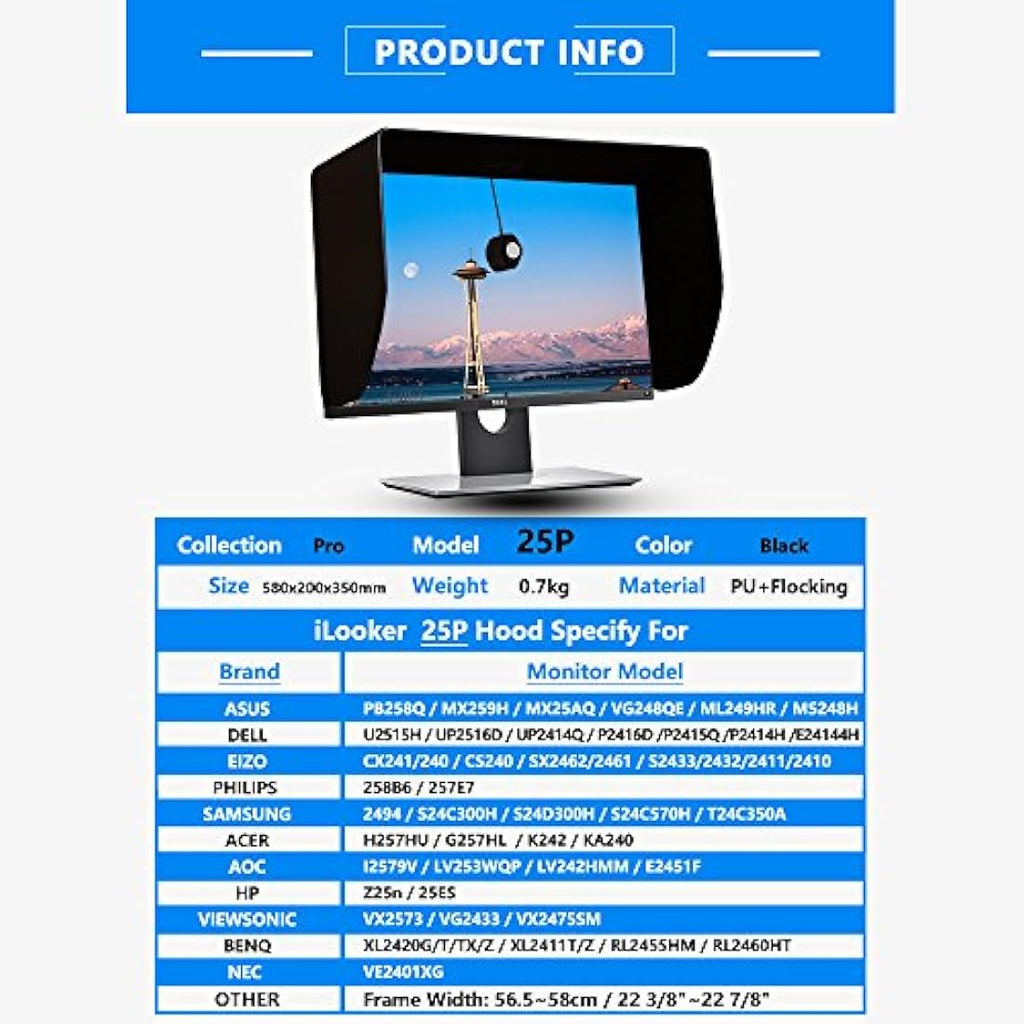 iLooker 25-Inch Monitor Hood – Anti-Glare Sunshade for 565-580mm Frames