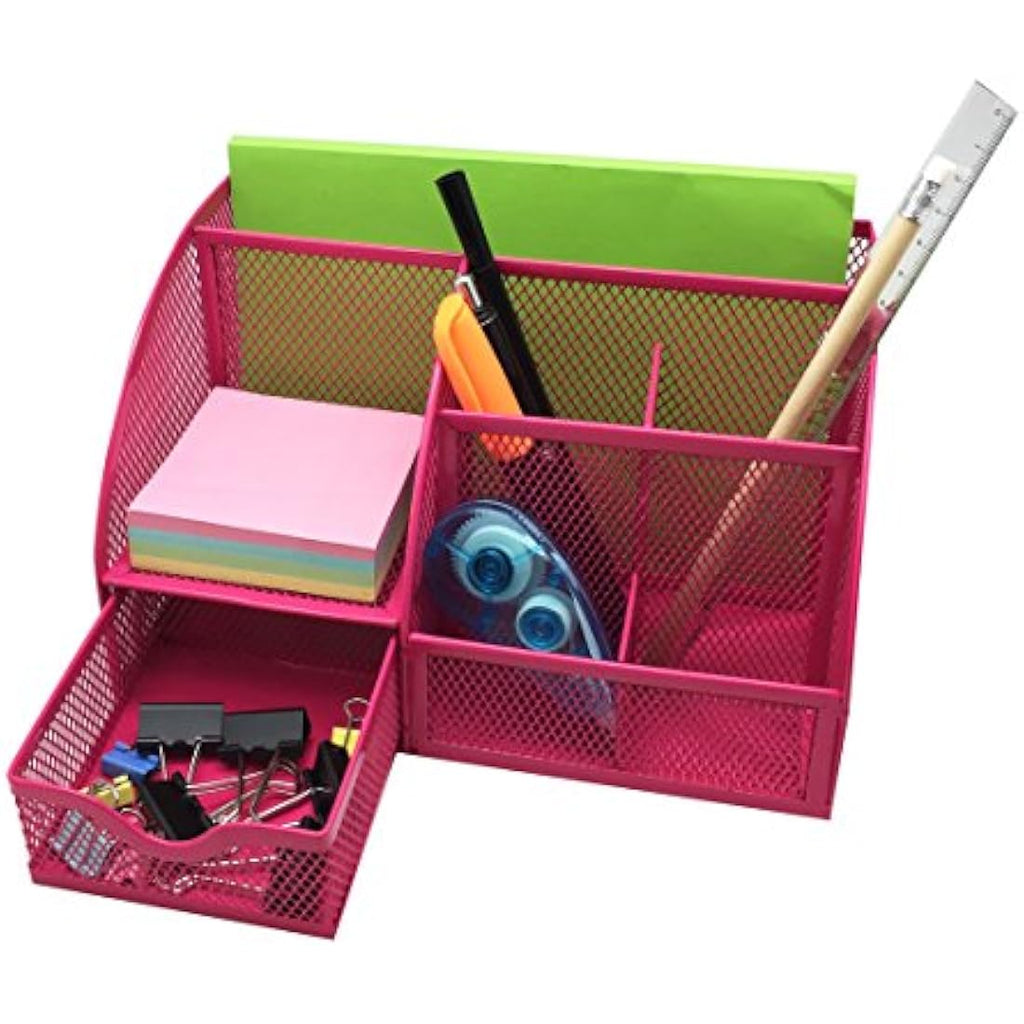 Exerz Mesh Desk Organiser – 7 Compartment Metal Office Caddy, Pink