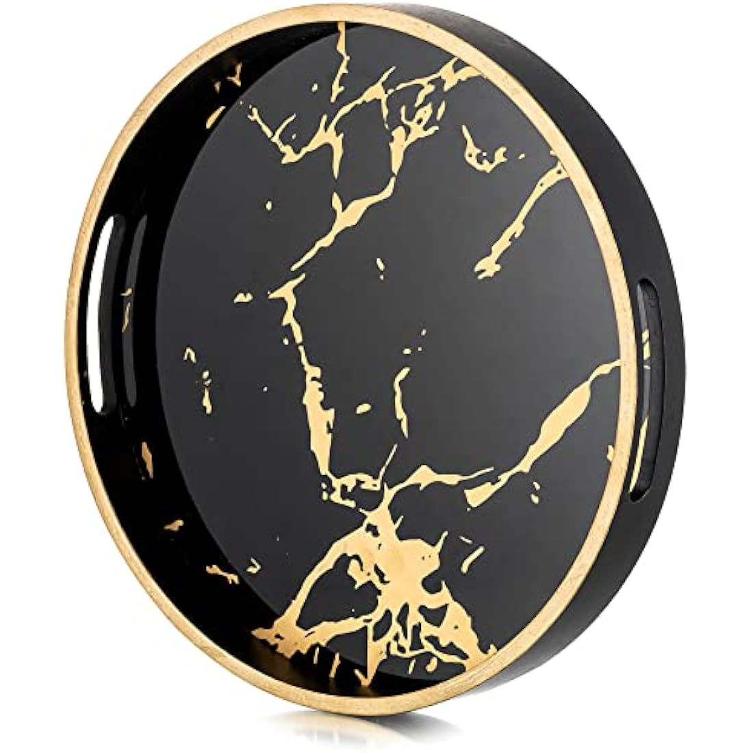 Hanobe Round Marble Pattern Wood Coffee Tray with Handles – Black, 12"