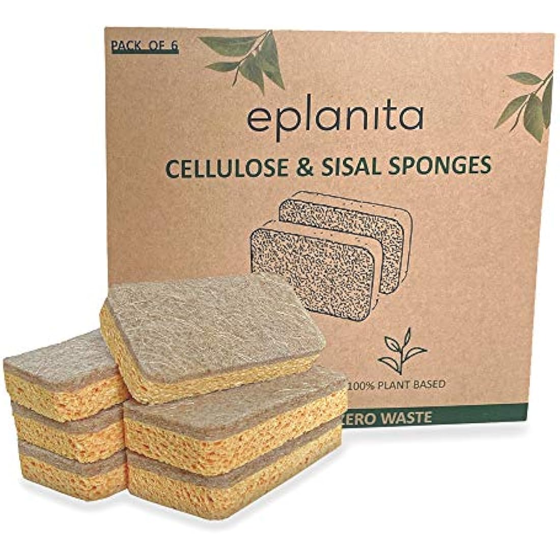 eplanita Natural Plant Based Scrub Sponges | 6 Pack Biodegradable Scourers