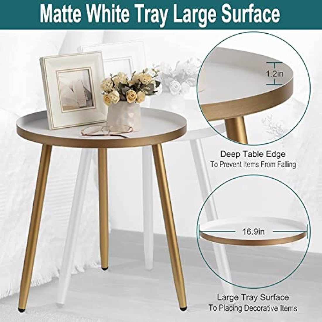AOJEZOR Round Metal Side Table – Modern End Table for Small Spaces, Gold