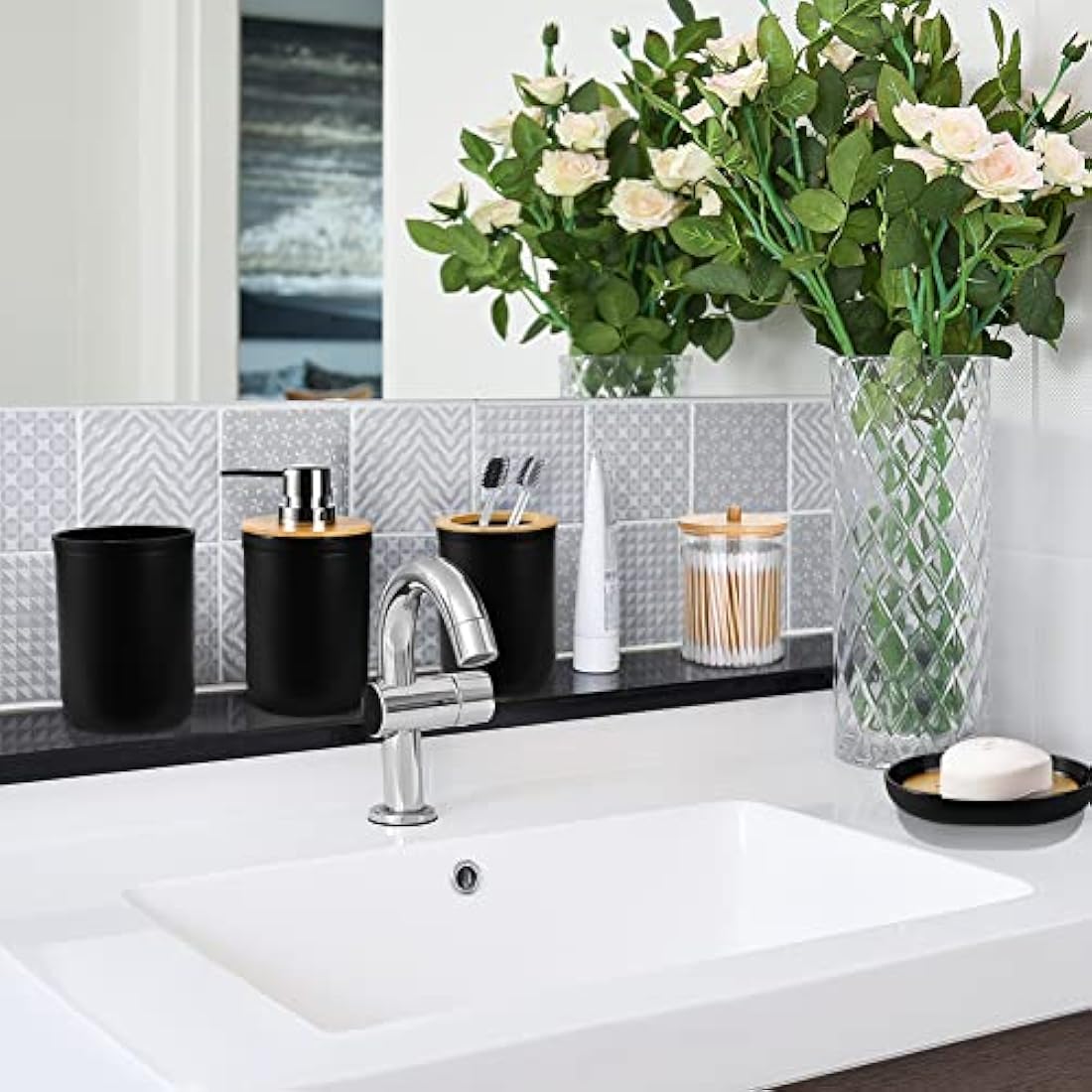 Jotom 7-Piece Bamboo and Plastic Bathroom Accessory Set - Black